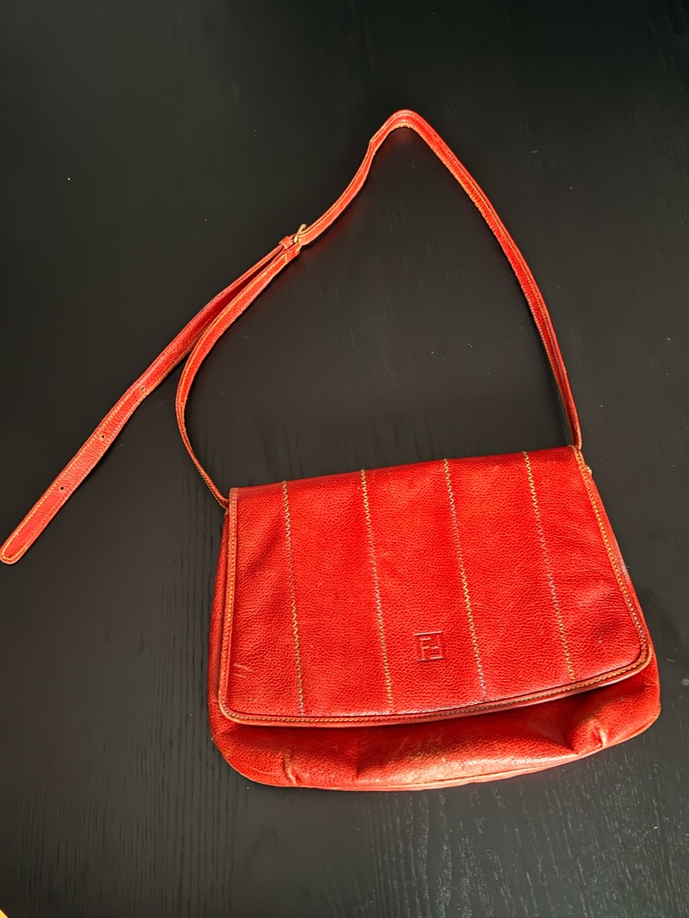 Vintage Fendi Red Leather Crossbody Bag with Stitched Paneling